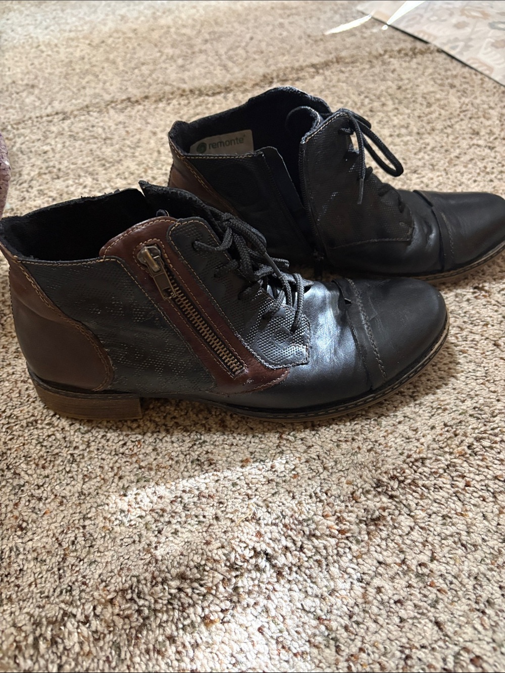 Remonte Black and Brown Lace-Up Ankle Boots with Side Zip Accent